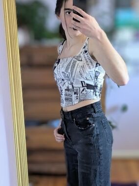 Newspaper Print Square-Neck Crop Corset Top - White/Black